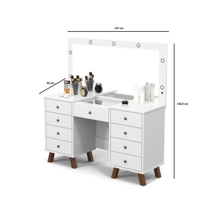 Penteadeira Camarim Eloá com Gavetas, Mesa de Maquiagem, Espelho com Luz e Banqueta